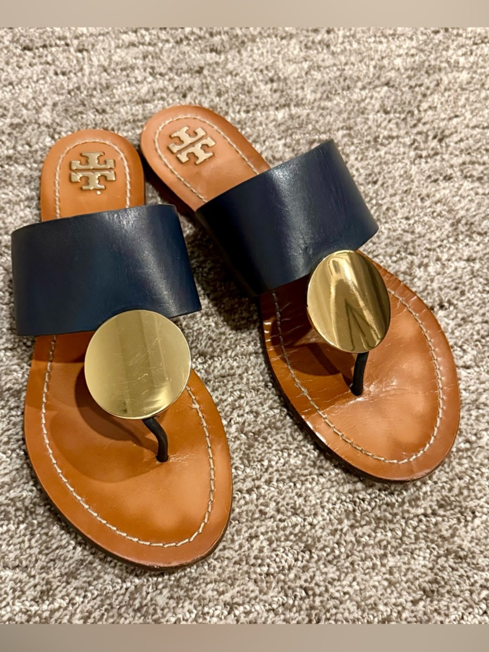 Tory Burch Navy Leather Gold Metal Accent Sandals